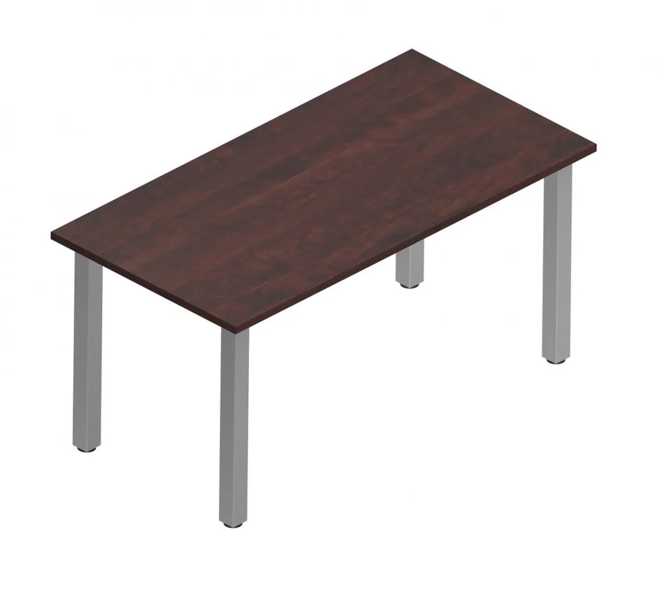 Orthographic view of an Offices to Go work table with tungsten metal legs. The tabletop uses an American Cherry finish.
