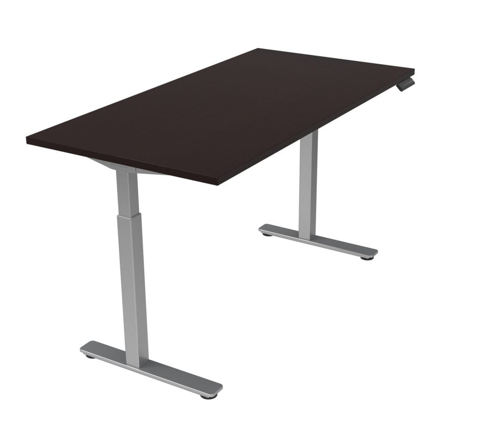Orthographic view of an Offices to Go height adjustable table-desk. The tabletop uses an American Espresso finish.