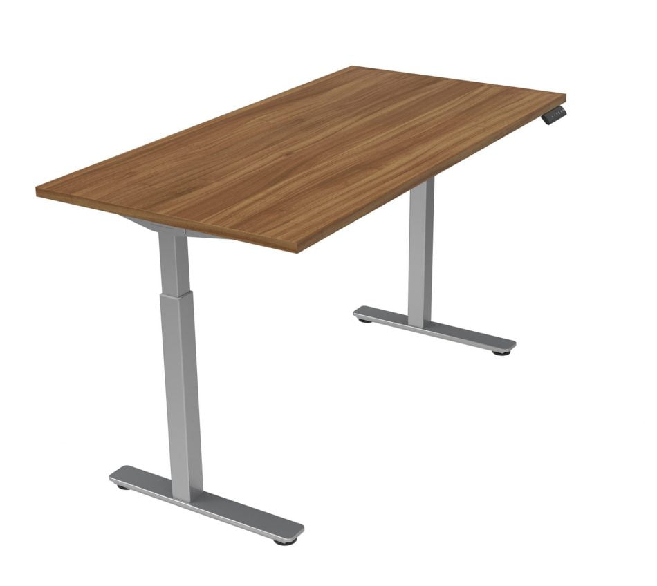Orthographic view of an Offices to Go height adjustable table-desk. The tabletop uses an Autumn Walnut finish.