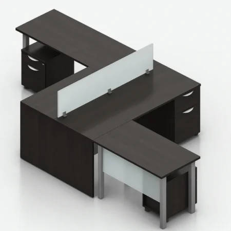 (Pair) Laminate L-Shape Desk with Acrylic Top Privacy Panels, 71" Credenza Shell with Hanging File Drawers and Pedestal Drawers