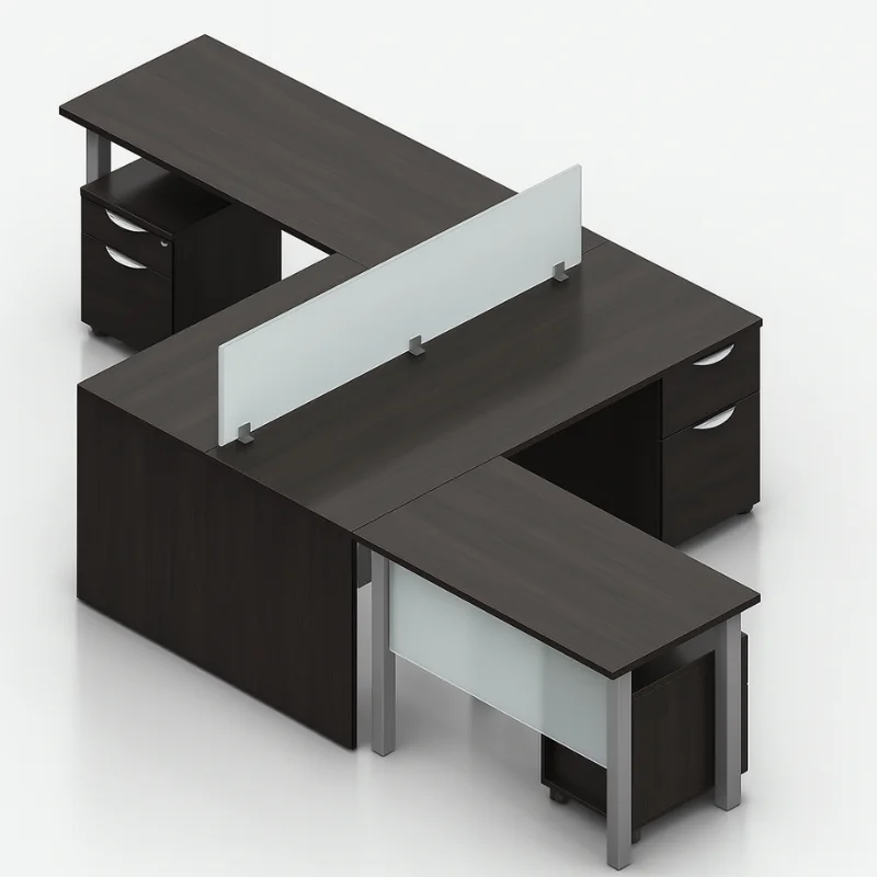 (Pair) Laminate L-Shape Desk with Acrylic Top Privacy Panels, 71" Credenza Shell with Hanging File Drawers and Pedestal Drawers