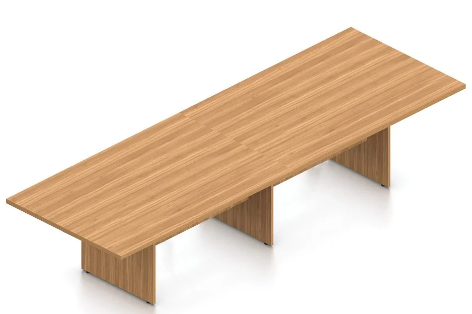 Orthographic view of an Offices to Go 144 long conference table. It is held up by three wooden slats, with horizontal pieces spanning in between. This one uses an Autumn Walnut finish.