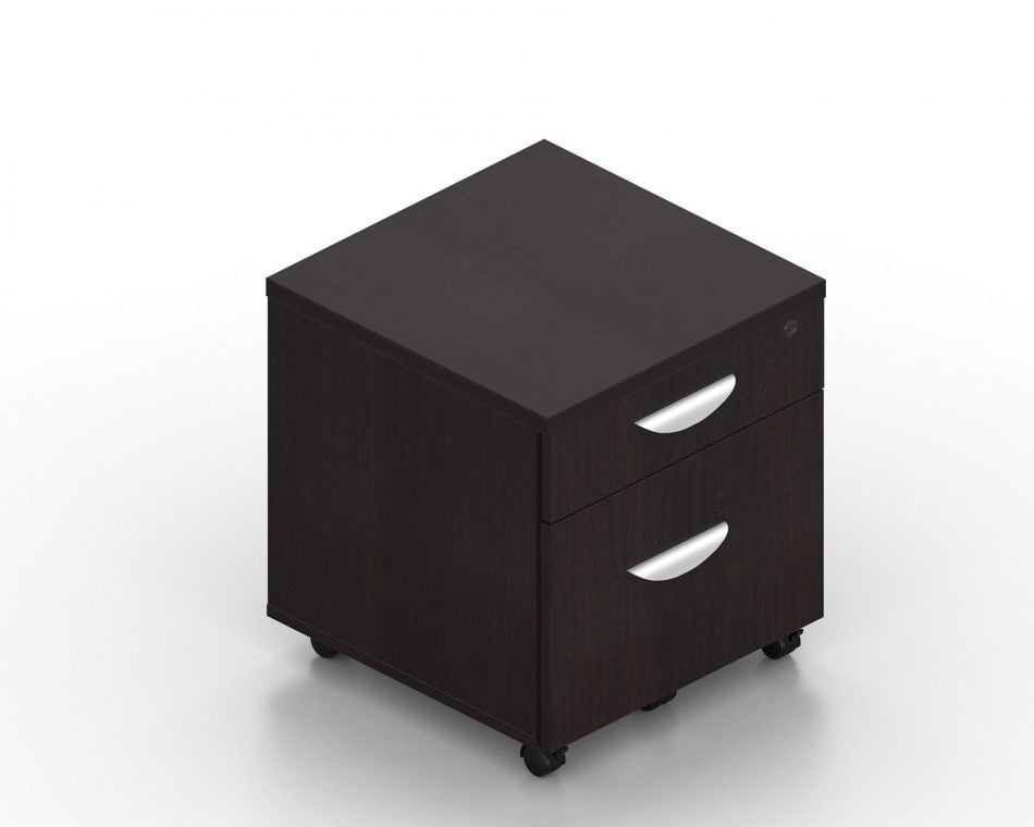 Orthographic view of an Offices to Go 22 inch deep mobile pedestal drawers. The unit consists of two drawers, with a larger bottom drawer and caster wheels. It uses an American Espresso laminate finish, and features a top locking drawer.