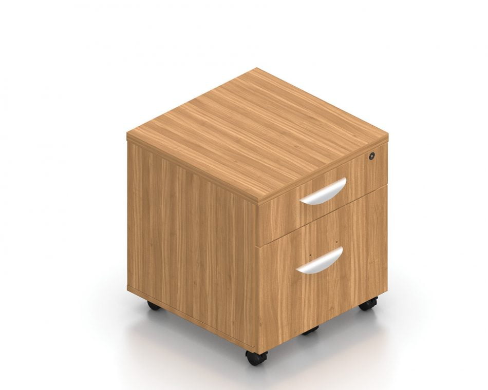 Orthographic view of an Offices to Go 22 inch deep mobile pedestal drawers. The unit consists of two drawers, with a larger bottom drawer and caster wheels. It uses an Autumn Walnut laminate finish, and features a top locking drawer.
