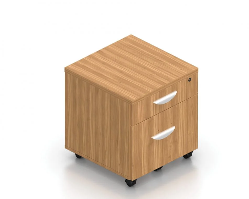 Orthographic view of an Offices to Go 22 inch deep mobile pedestal drawers. The unit consists of two drawers, with a larger bottom drawer and caster wheels. It uses an Autumn Walnut laminate finish, and features a top locking drawer.