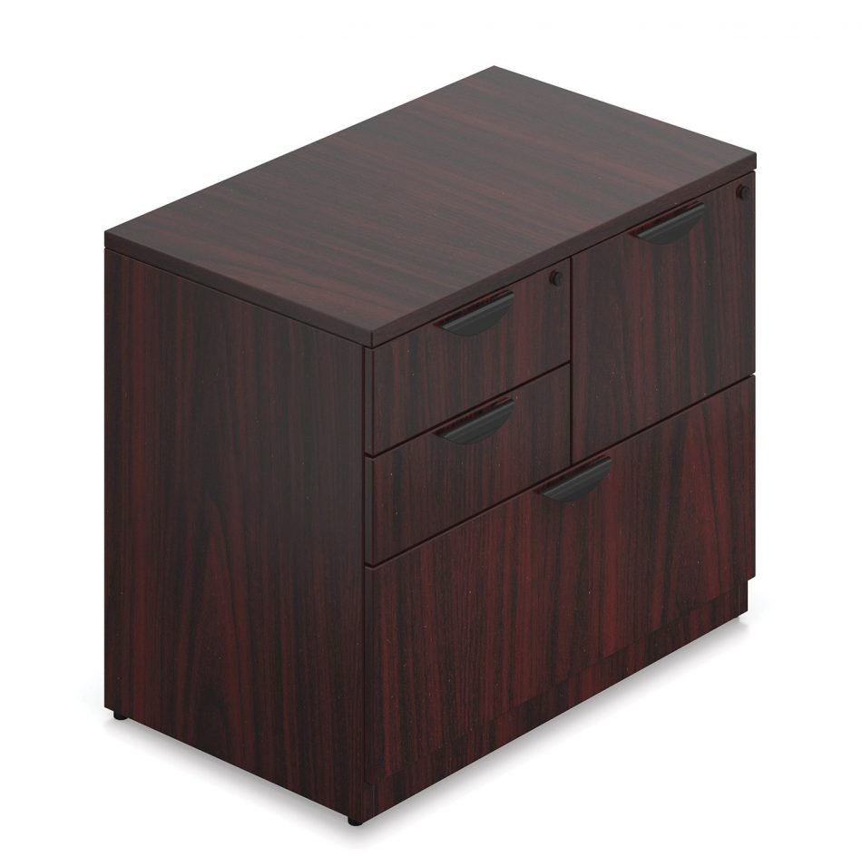 Orthographic view of an Offices to Go mixed storage set. A full lateral drawer is at the bottom, with the top half broken into two sides. On the right section is two drawers, with a lock at the top. To the left is one medium sized drawer, also with a lock. The mixed storage set uses an American Mahogany laminate finish.