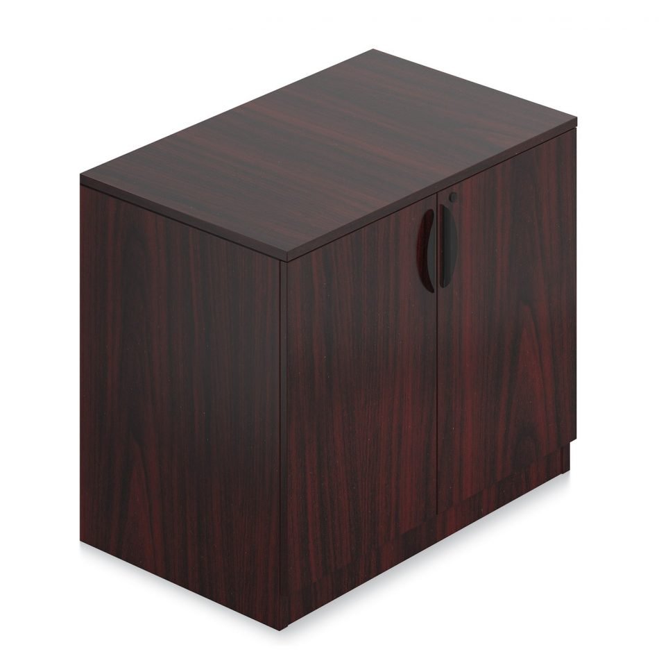 Orthographic view of an Offices to Go 2-drawer lateral file, featuring a lockable set of double doors. It uses an American Mahogany laminate finish, and features a top locking drawer.