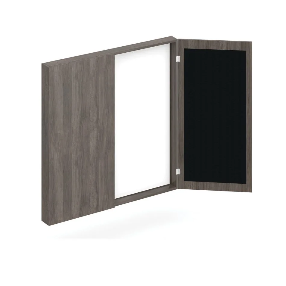 Orthographic view of a 48 inch square presentation board, shown in an Artisan Grey finish. One of the double doors are open, revealing a blank board inside.