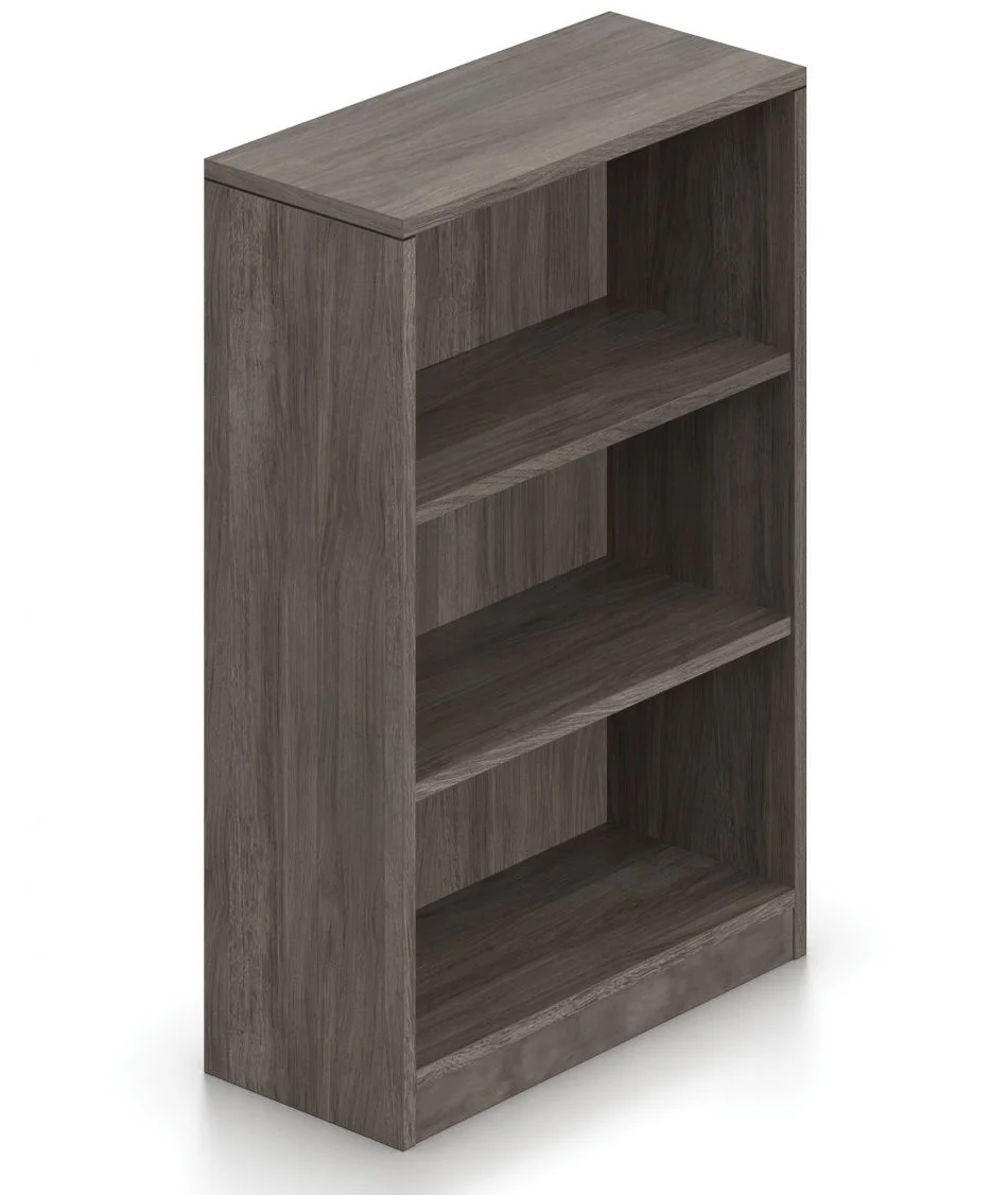 Orthographic view of an Offices to Go 48 inch tall bookcase, featuring two shelves. It uses an Artisan Grey laminate finish.