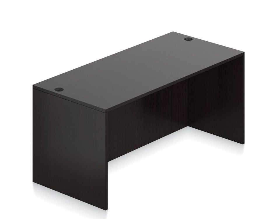 Orthographic view of an Offices to Go 66 inch rectangular desk shell. It has an American Espresso laminate finish.