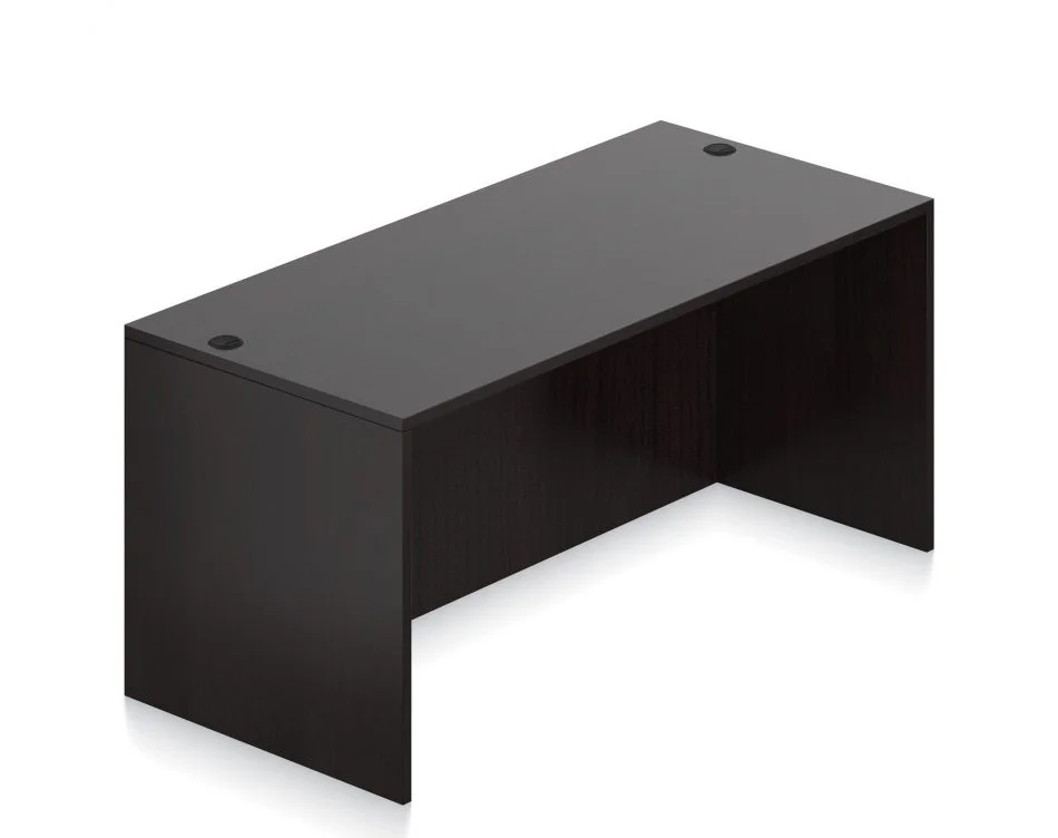 Orthographic view of an Offices to Go 66 inch rectangular desk shell. It has an American Espresso laminate finish.