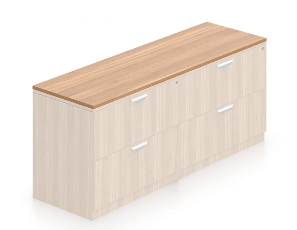 Orthographic view of the SL7122 Common Top surface for Offices-to-Go desking. It is shown here in an Autumn Walnut finish, with the drawer set rendered in a ghosted graphic style.