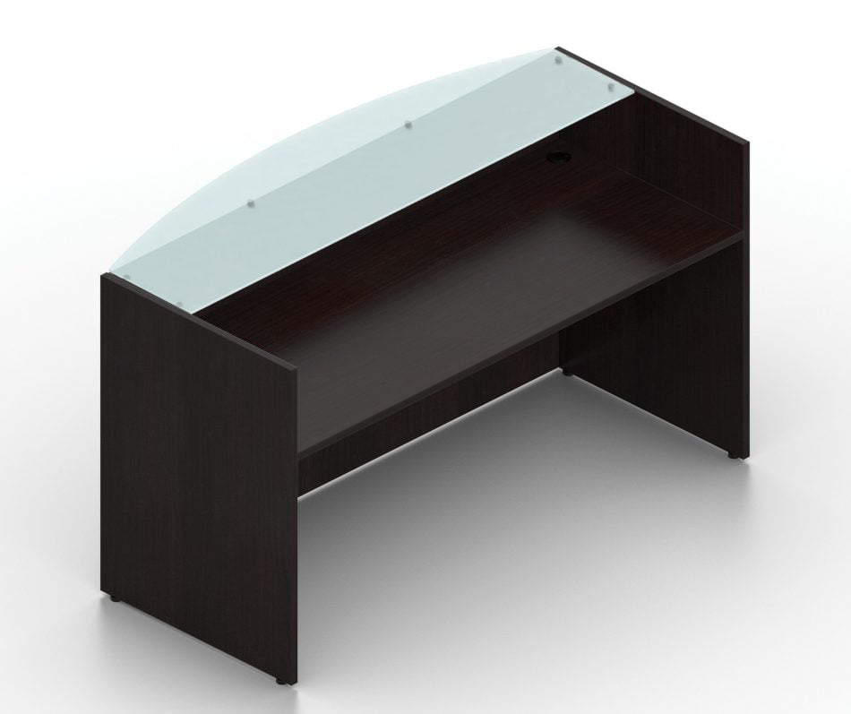 Orthographic view of an Offices-to-Go 71 inch desk shell for the receptionist desk. It has a frosted acrylic ledge with a curved outer edge, with a full width shelf just underneath. This furniture uses an American Mahogany laminate finish.