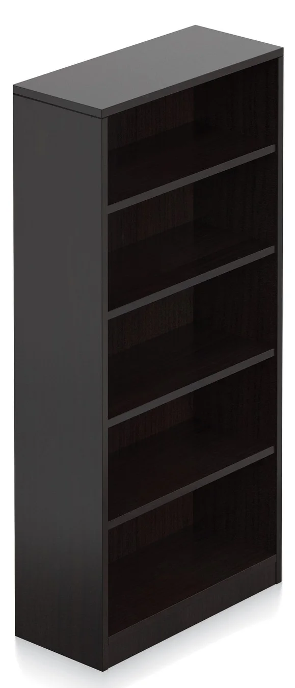 Orthographic view of an Offices to Go 71 inch tall bookcase, featuring four shelves. It uses an American Espresso laminate finish.