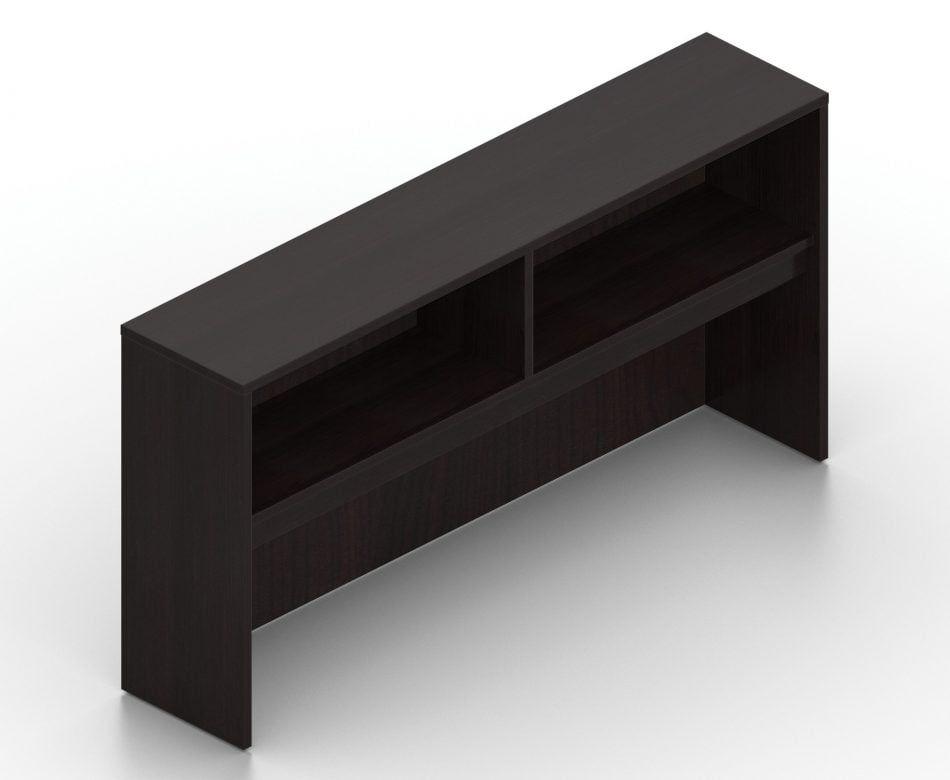Orthographic view of an Offices to Go 71 inch overhead hutch. It has an American Espresso finish.