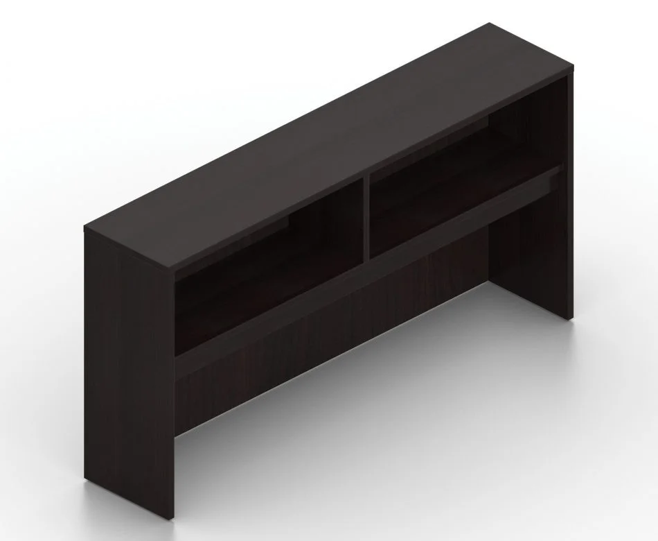 Orthographic view of an Offices to Go 71 inch overhead hutch. It has an American Espresso finish.