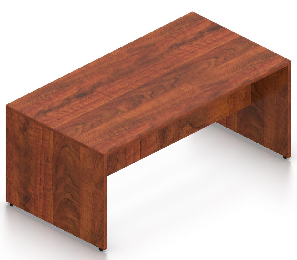 Orthographic view of an Offices to Go 96" wide collaboration table. It has an American Dark Cherry finish.