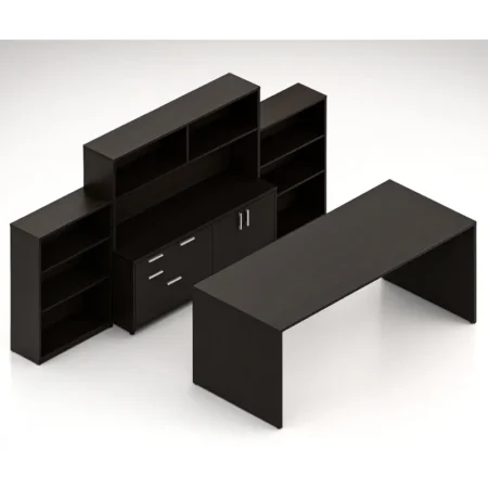 (Set) 96" Laminate High Top Table with Cabinet and Top Hutch, Collaboration Space with Mixed Storage and Pair of Bookcases