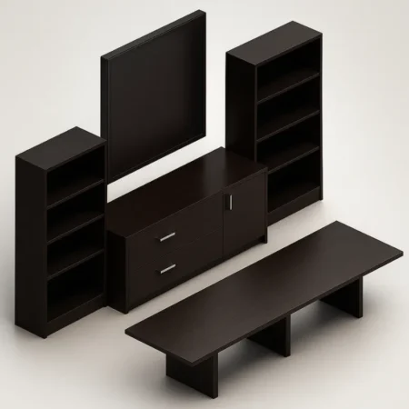 (Set) Laminate Conference Room Ensemble, 118" Rectangular Table with Storage Cabinet and 2 Bookcases