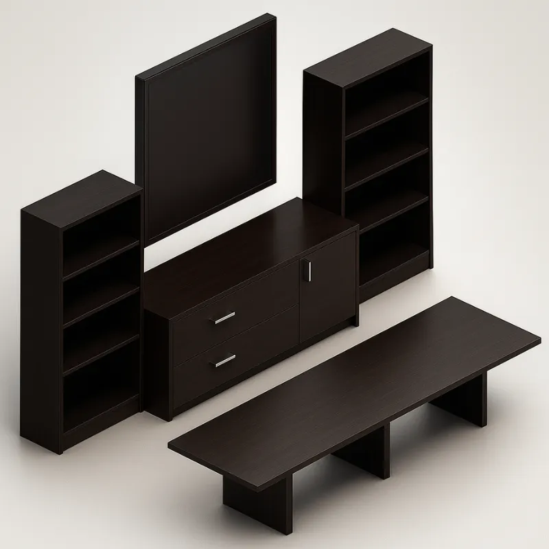(Set) Laminate Conference Room Ensemble, 118" Rectangular Table with Storage Cabinet and 2 Bookcases