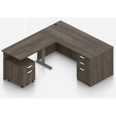 (Set) Laminate L-Shaped 71" x 48" Work Area, Height Adjustable Table Base with Pedestal Drawers