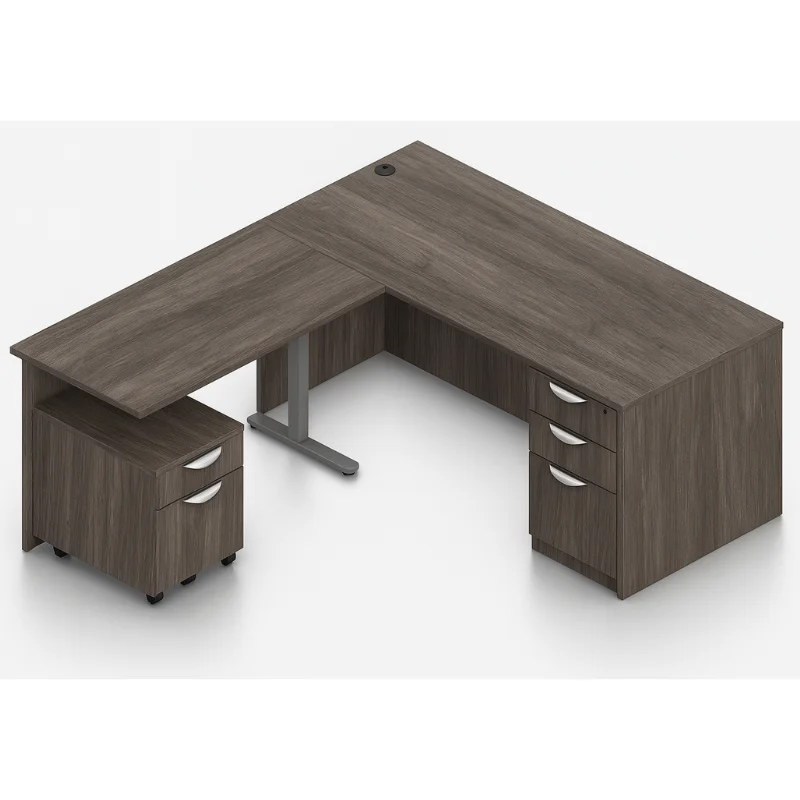 (Set) Laminate L-Shaped 71" x 48" Work Area, Height Adjustable Table Base with Pedestal Drawers