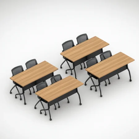 (Set of 4) Flip Top Training Tables, 60" Wide Laminate Classroom Desking with 8 Mesh Back Nesting Chairs