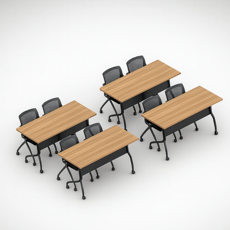 (Set of 4) Flip Top Training Tables, 60" Wide Laminate Classroom Desking with 8 Mesh Back Nesting Chairs