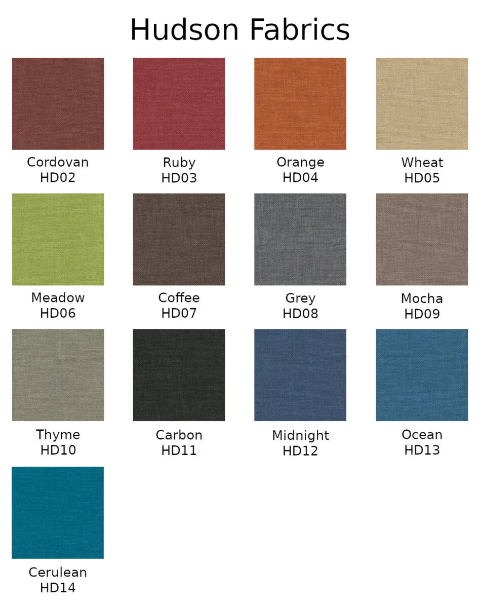 Composite image of the Hudson line of fabric choices from Global Furniture. There are a total of 13 different color choices.