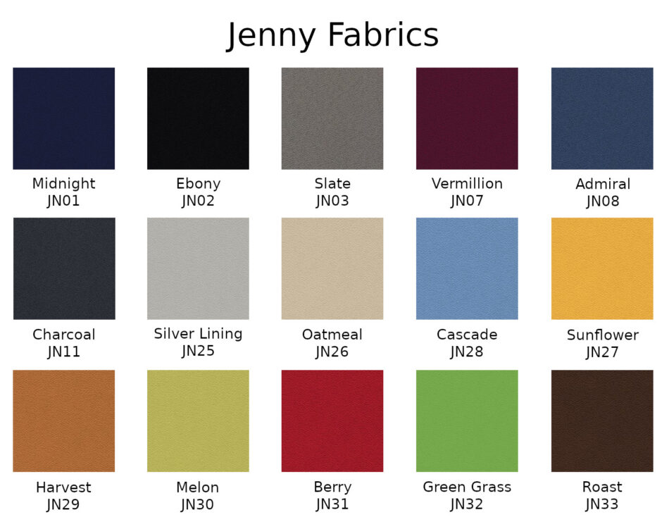 Composite image of the Jenny line of fabric choices from Global Furniture. There are a total of 15 different color choices.