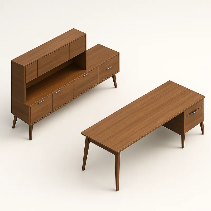 Modern Corby Executive Typical With Peninsula Table, Credenza And Stack On Bookcase