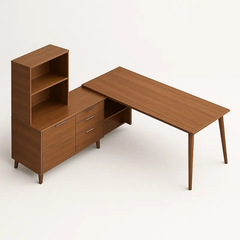 Modern Corby Executive Typical With Peninsula Table, Credenza And Stack On Bookcase