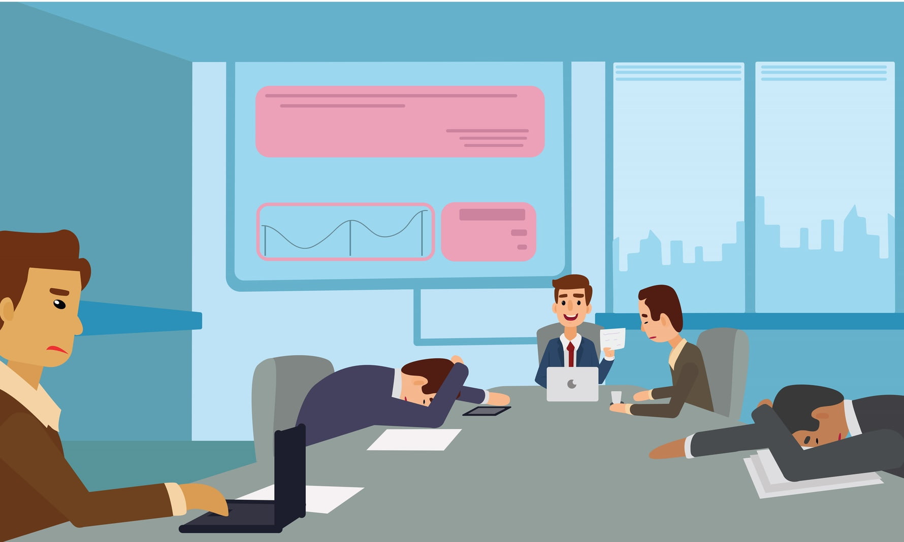 illustrated image of employees sitting at a table working on computer and some with heads down
