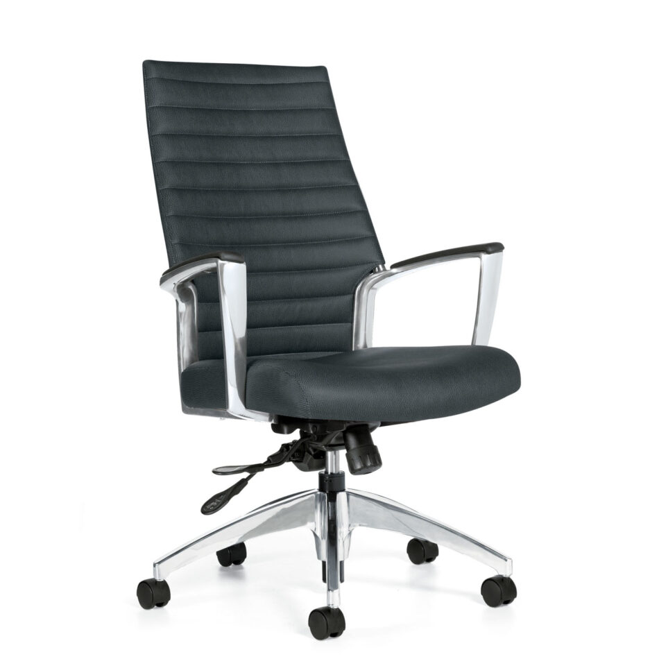 Quarter view of Global Furniture's Accord work chair. It has a silver wheel base and a high mesh back. This product is featured in black polyester fabric.