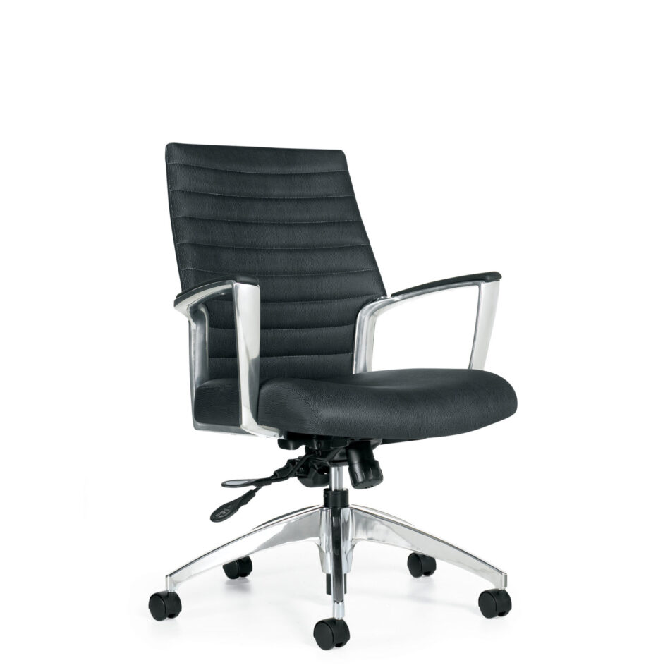 Quarter view of Global Furniture's Accord work chair. It has a silver wheel base and a mesh back. This product is featured in black polyester fabric.