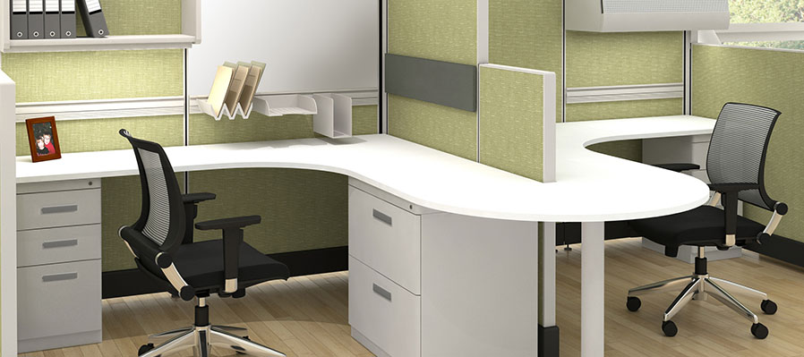modern office cubicle with curvy desk and rolly chair