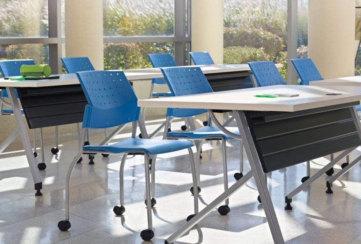 training tables with blue chairs