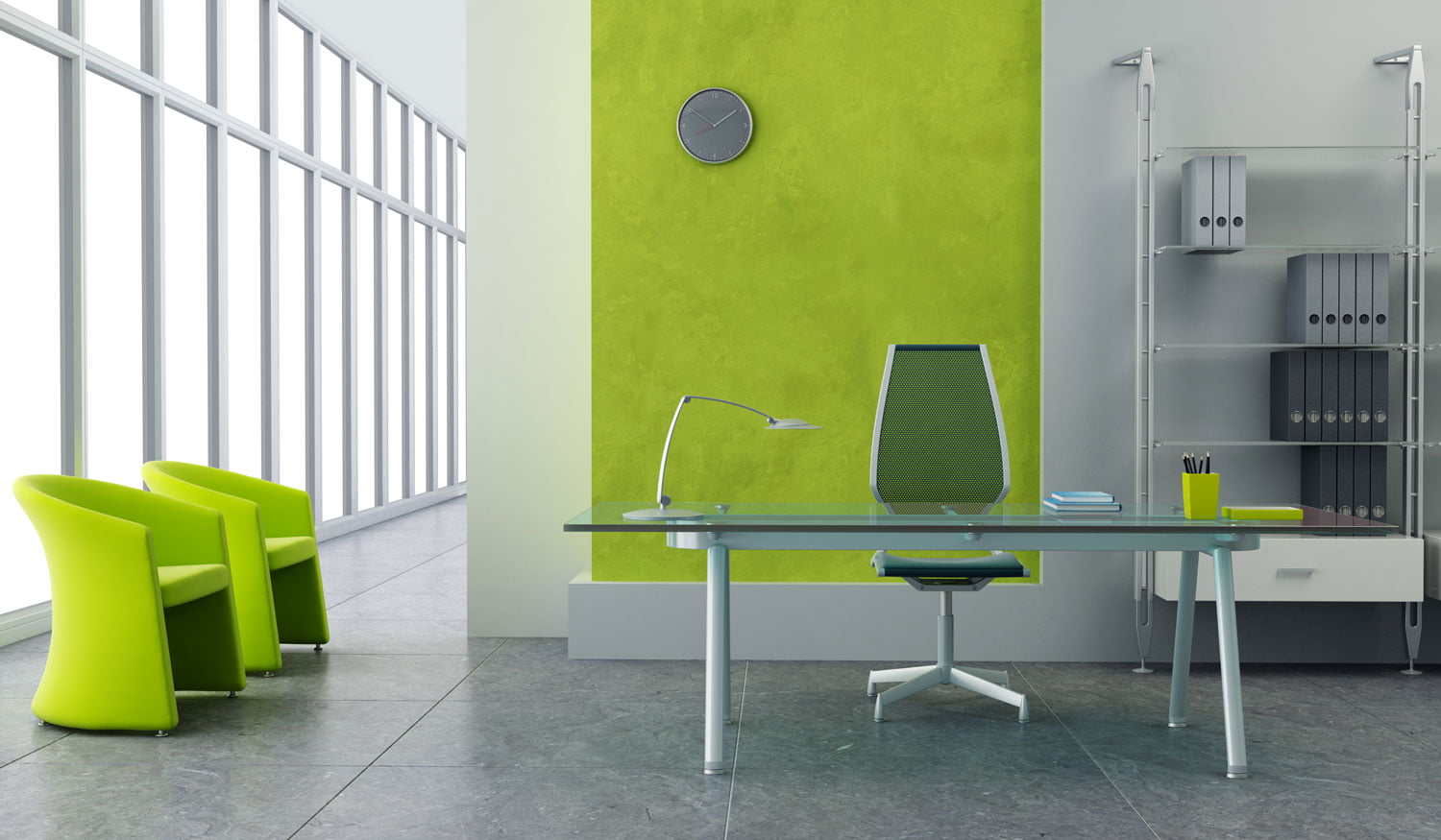 modern office design in lime green and metal