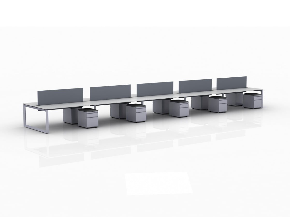 ICON 10-Pack Double Run Benching, with white background. Each workstation has pedestal drawers, to the user's right. This is our 72x30 inch bench, model IC020.