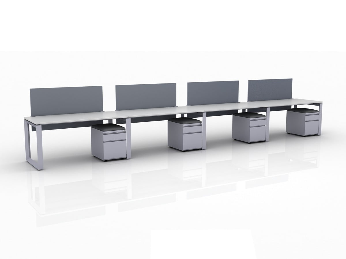 ICON 4-Pack Single Run Benching, with white background. Each workstation has pedestal drawers, to the user's right. This is our 60x30 inch bench, model ICO31.