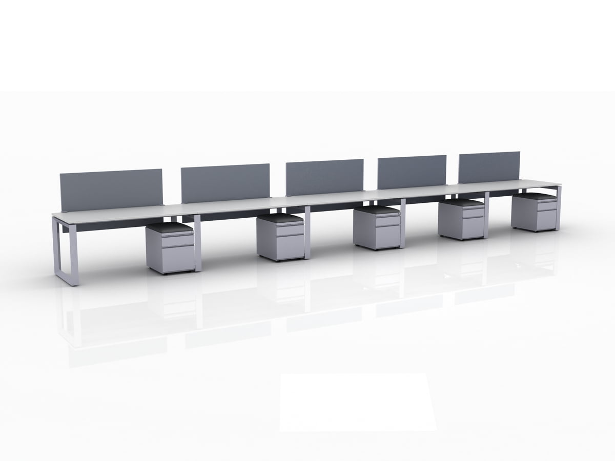 ICON 5-Pack Single Run Benching, with white background. Each workstation has pedestal drawers, to the user's right. This is our inch bench, model IC032.