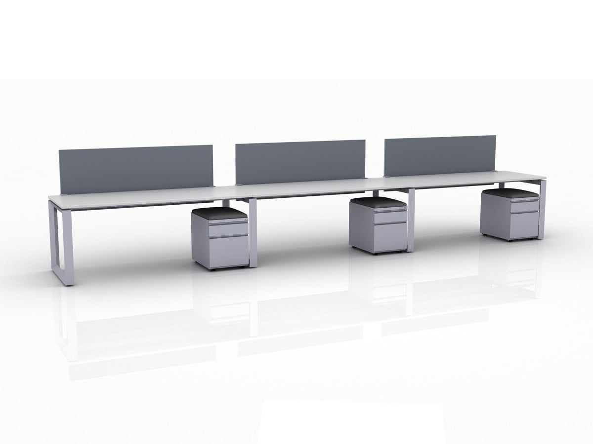 ICON 3-Pack Single Run Benching, with white background. Each workstation has pedestal drawers, to the user's right. This is our 72x30 inch bench, model ICO34.