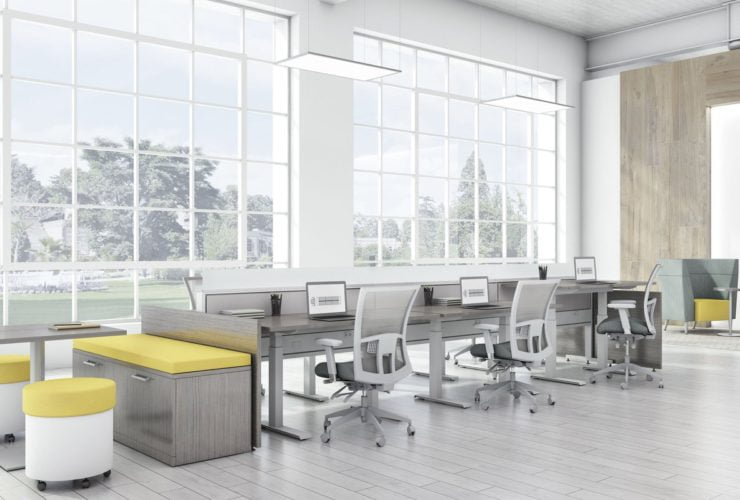 Global's 6-person power beam desks in an office space with tall ceilings. Each workstation has a laptop open, with glass paneling for privacy. Sunlight is cast upon the acoujou finish. At one end is a cabinet with sunflower yellow cushions, and a square Swap table.