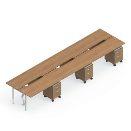 Global Sidebar 6-Person Benching, with white background. Mobile pedestal drawers are placed just underneath each station.