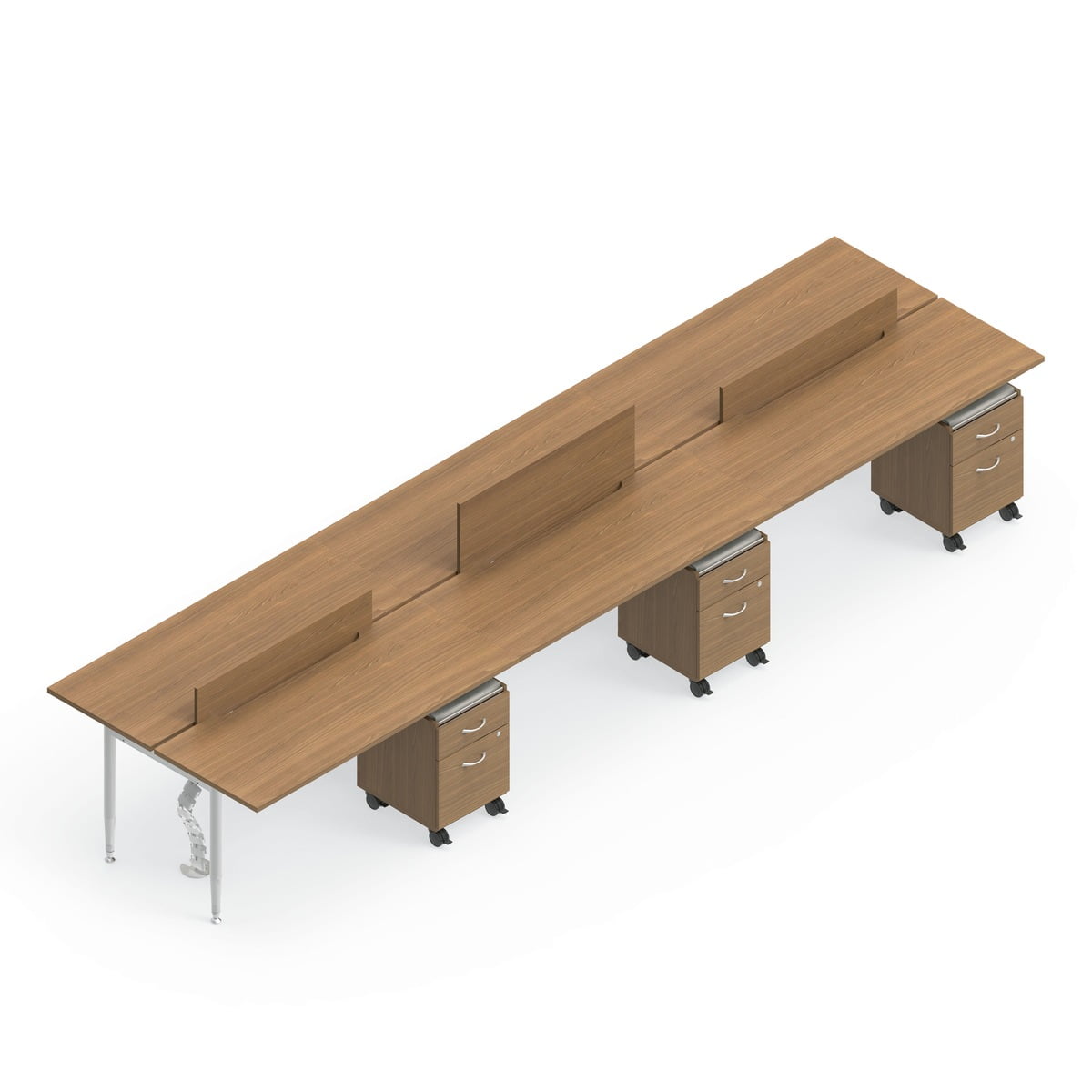 Global Sidebar 6-Person Benching, with white background. Mobile pedestal drawers are placed just underneath each station. Three adjustable matching partitions emerge from the center of the bench, shown at different heights.