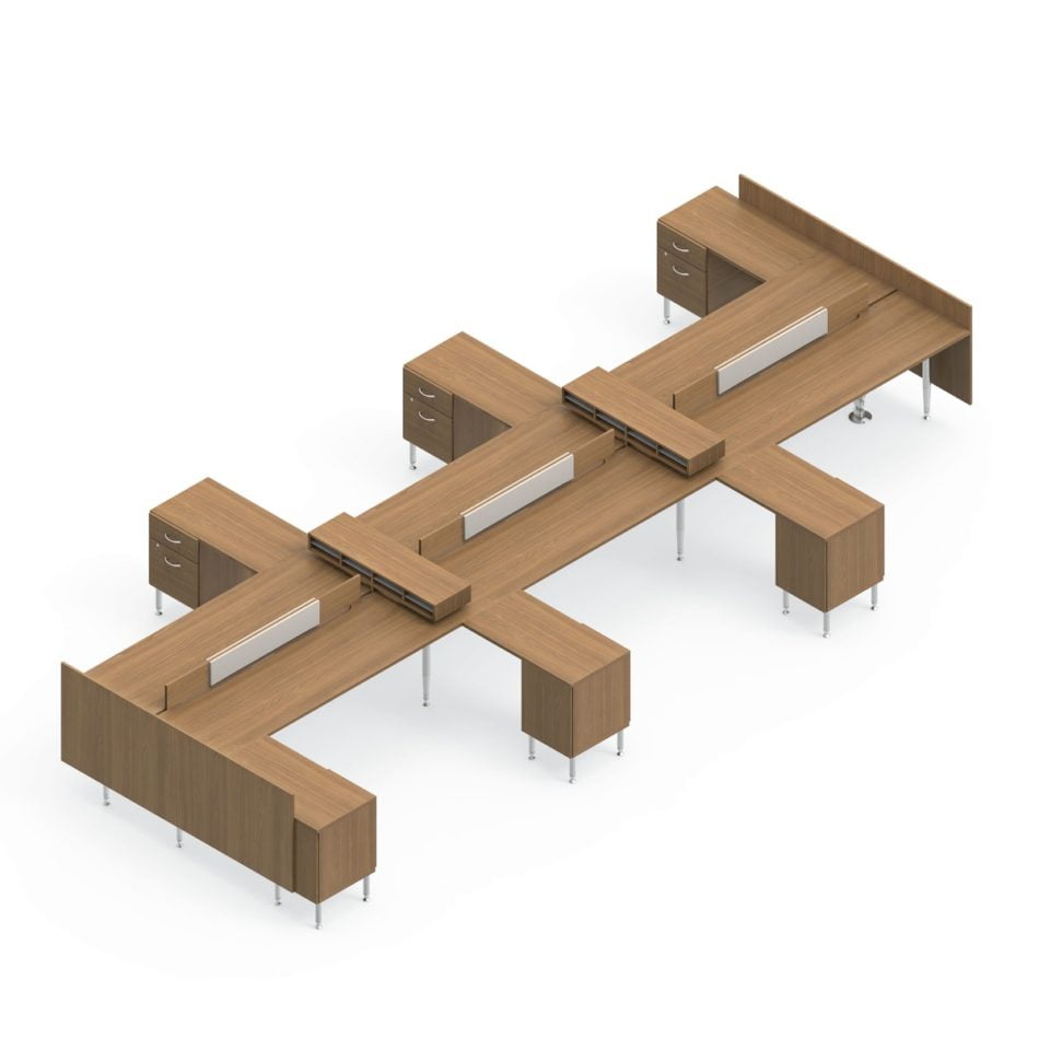 Global Sidebar 6-Person Benching, with matching pedestal returns. It is on a white background. At each end is an end-of-run divider.