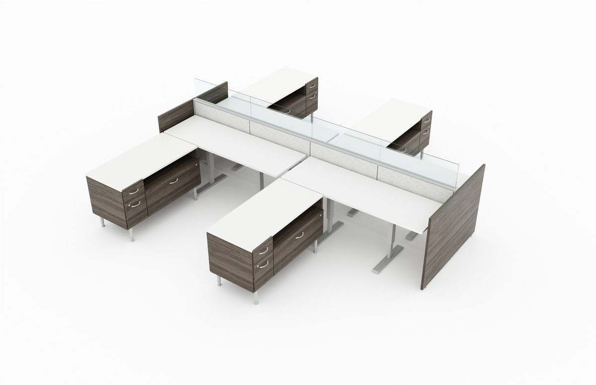 4-Person set of L-shaped workstations, with Acajou colored end paneling on one side. Generously sized credenza's are placed between each station, on both sides. It is placed on a white background. Model is EPB515.