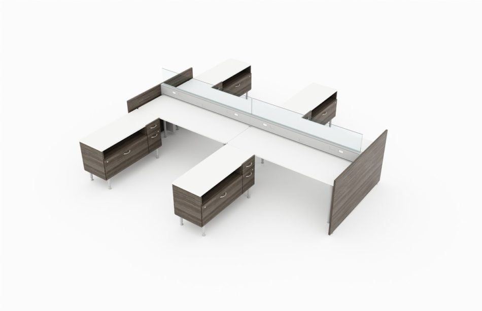 4-Person set of L-shaped workstations, with end paneling. The L-shape's return is a credenza, with matching Acajou finish. Frameless glass pieces make up the top of the partition. Generously sized credenzas are placed between each station, on both sides. It is rendered on a white background. Model is EPB527.
