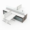 #-Person pair of L-shaped workstations, with clear doored supply storage below. Frameless glass pieces make up the top of the partition. It is rendered on a white background. Model is EPB529.