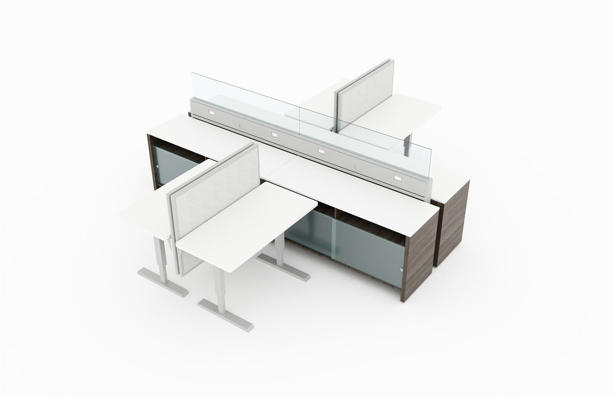 #-Person pair of L-shaped workstations, with clear doored supply storage below. Frameless glass pieces make up the top of the partition. It is rendered on a white background. Model is EPB529.